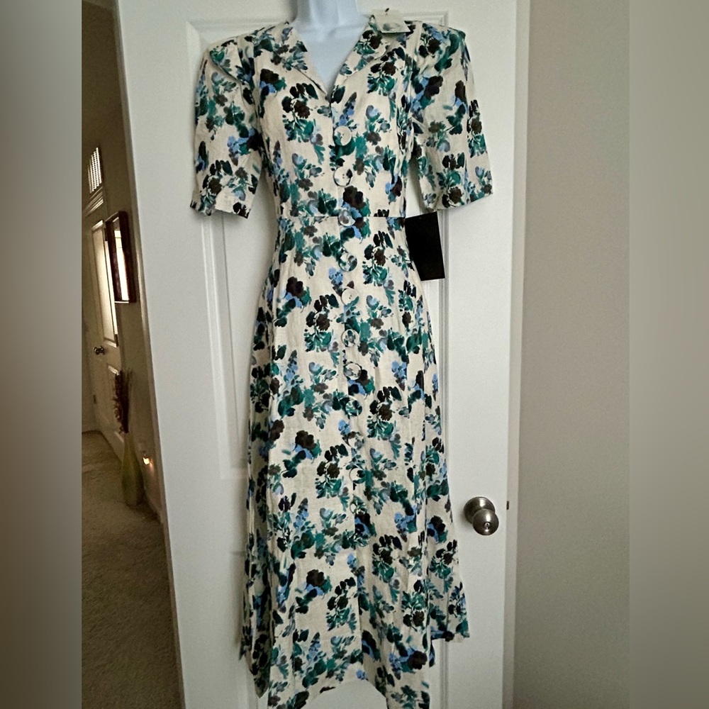 NWT Tuckernuck Linen Blue Blooms Floral Garden Midi Dress Size Medium - Picture 2 of 8